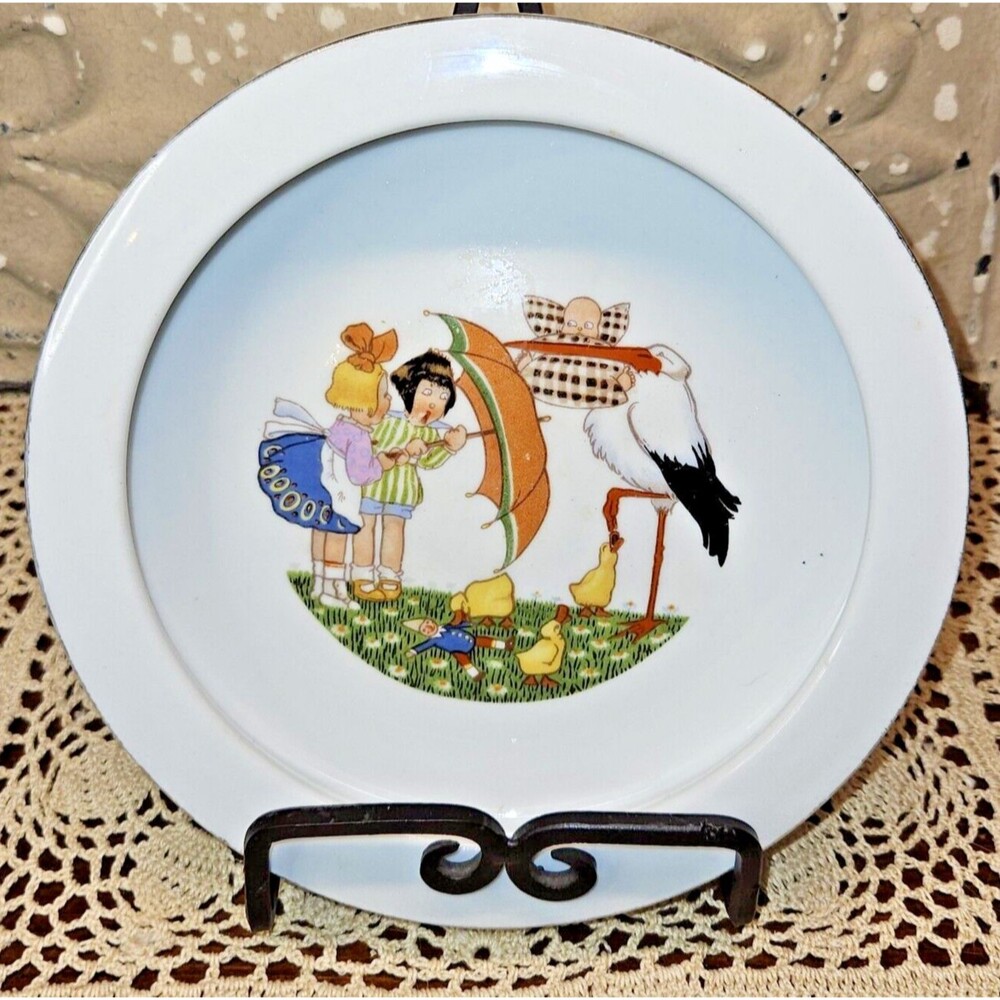 1920's Porcelain Children w/ Umbrella Stork Baby Child's Dish Germany (read)
